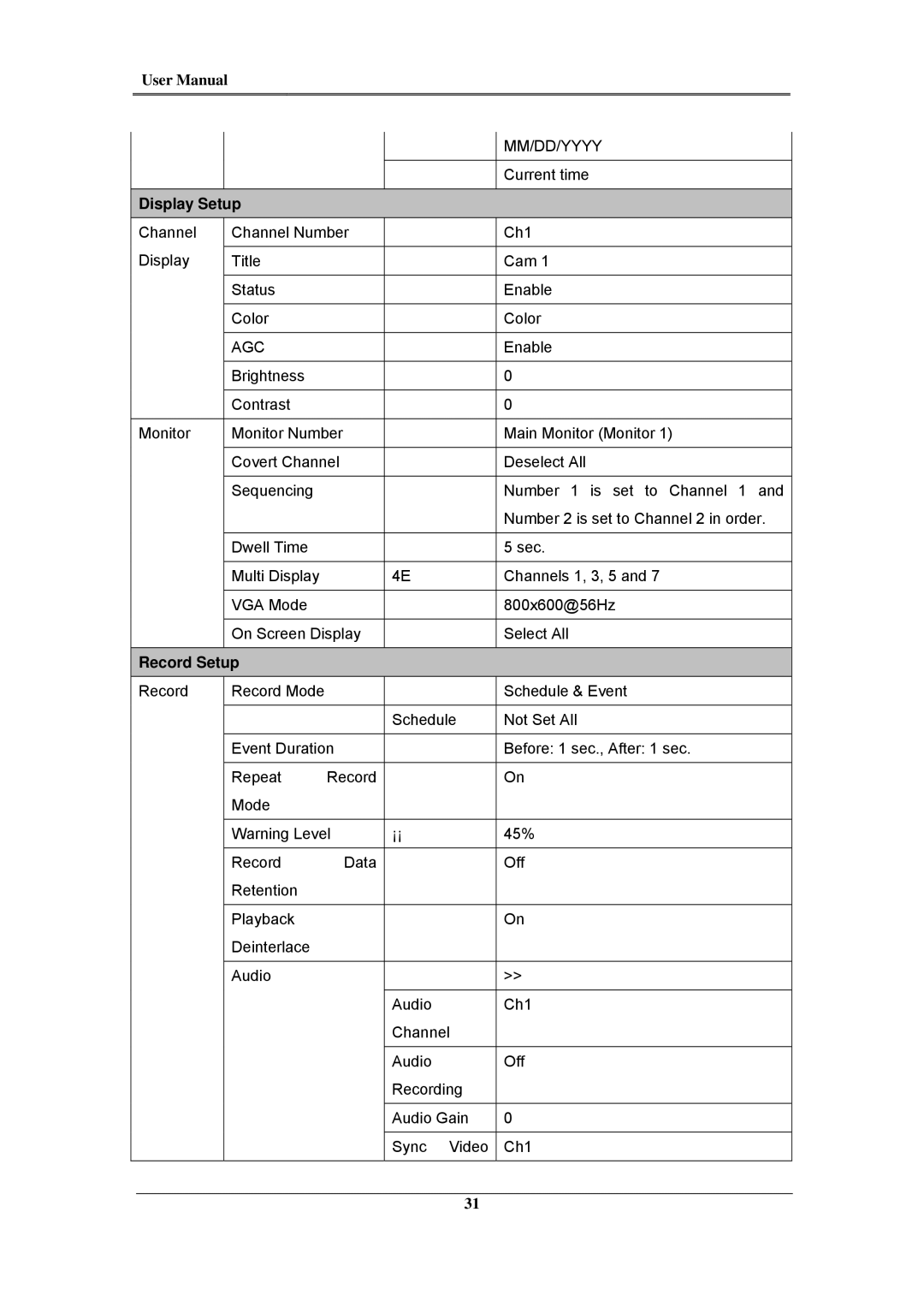 Samsung SVR-1680C, SVR-960C, SVR-945, SVR-480, SVR-3200, SVR-1660C, SVR-1645 Mm/Dd/Yyyy, Display Setup, Agc, Record Setup 