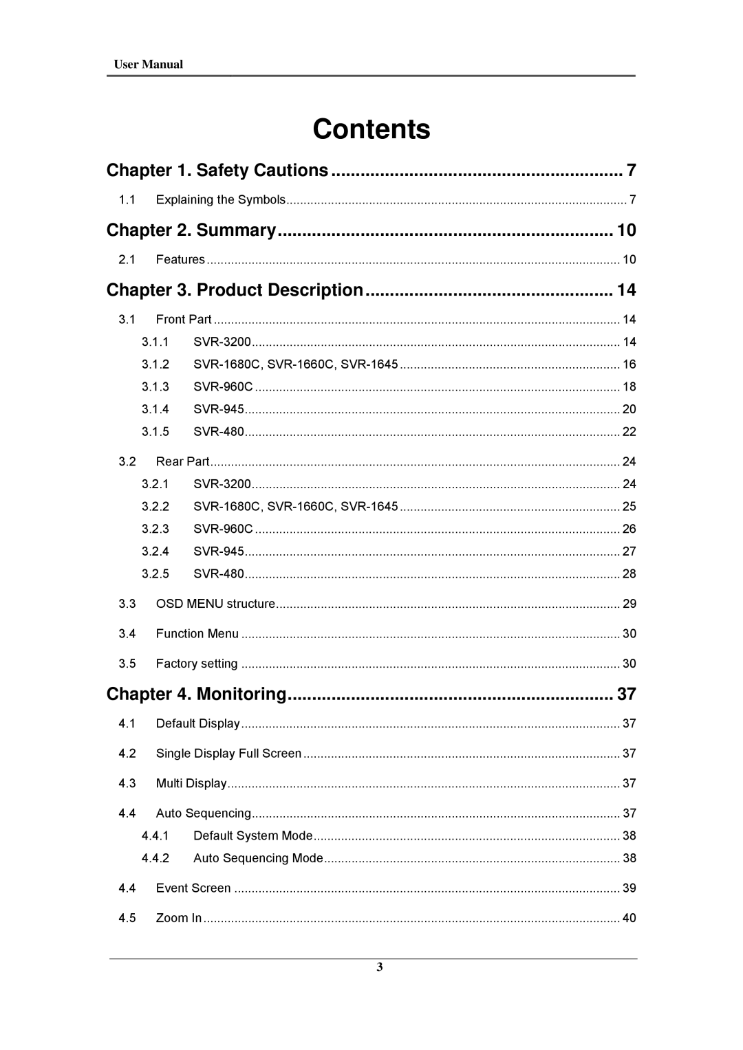 Samsung SVR-1680C, SVR-960C, SVR-945, SVR-480, SVR-3200, SVR-1660C, SVR-1645 user manual Contents 