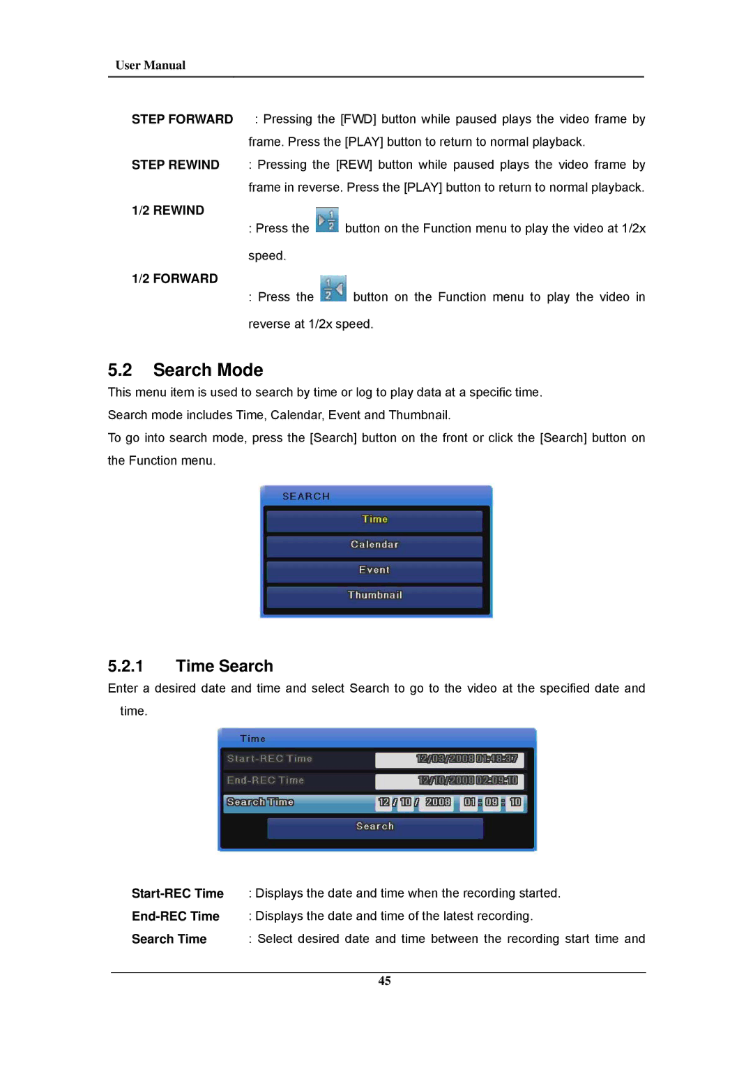 Samsung SVR-1680C, SVR-960C, SVR-945, SVR-480, SVR-3200, SVR-1660C, SVR-1645 user manual Search Mode, Time Search 