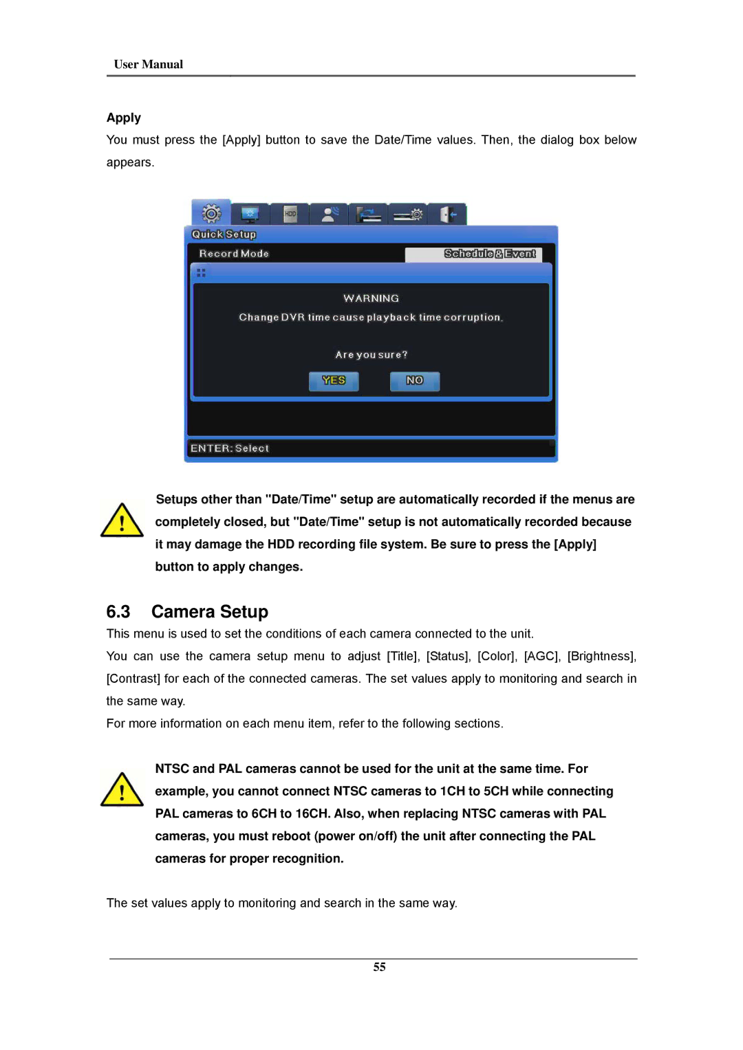 Samsung SVR-960C, SVR-945, SVR-480, SVR-3200, SVR-1680C, SVR-1660C, SVR-1645 user manual Camera Setup, Apply 