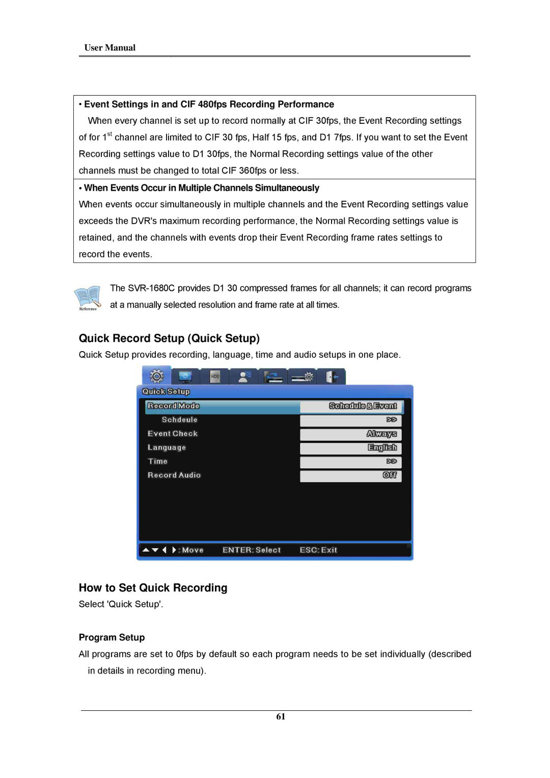 Samsung SVR-1645, SVR-960C, SVR-945, SVR-480 Quick Record Setup Quick Setup, How to Set Quick Recording, Program Setup 