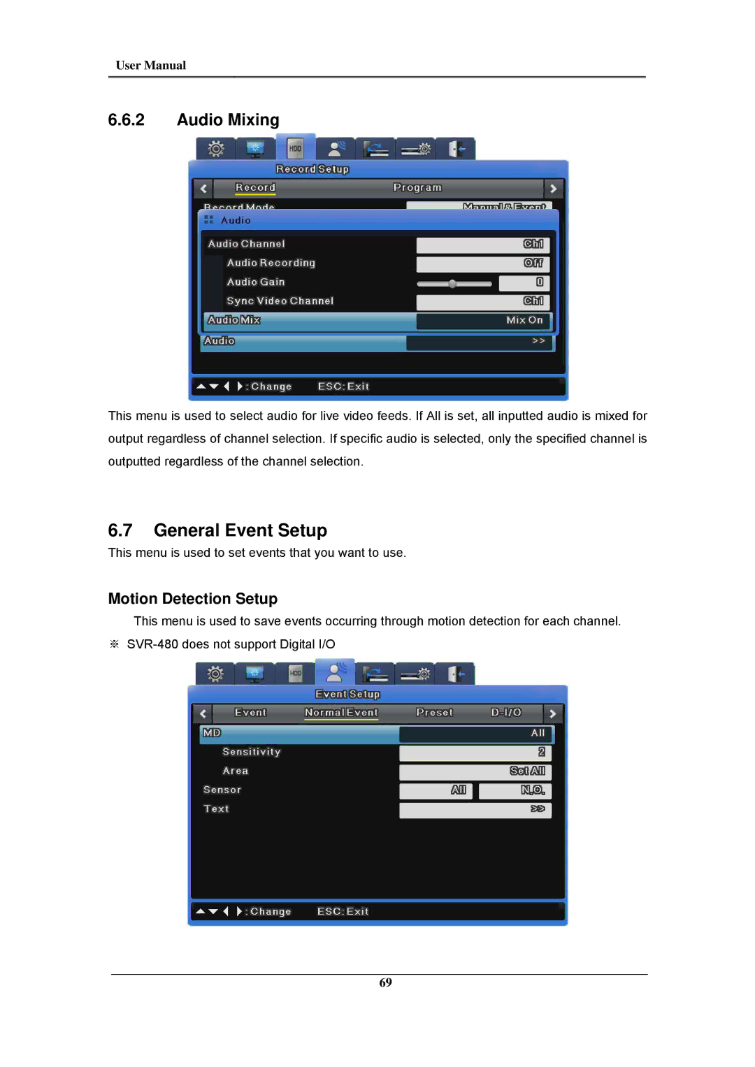 Samsung SVR-960C, SVR-945, SVR-480, SVR-3200, SVR-1680C, SVR-1660C General Event Setup, Audio Mixing, Motion Detection Setup 