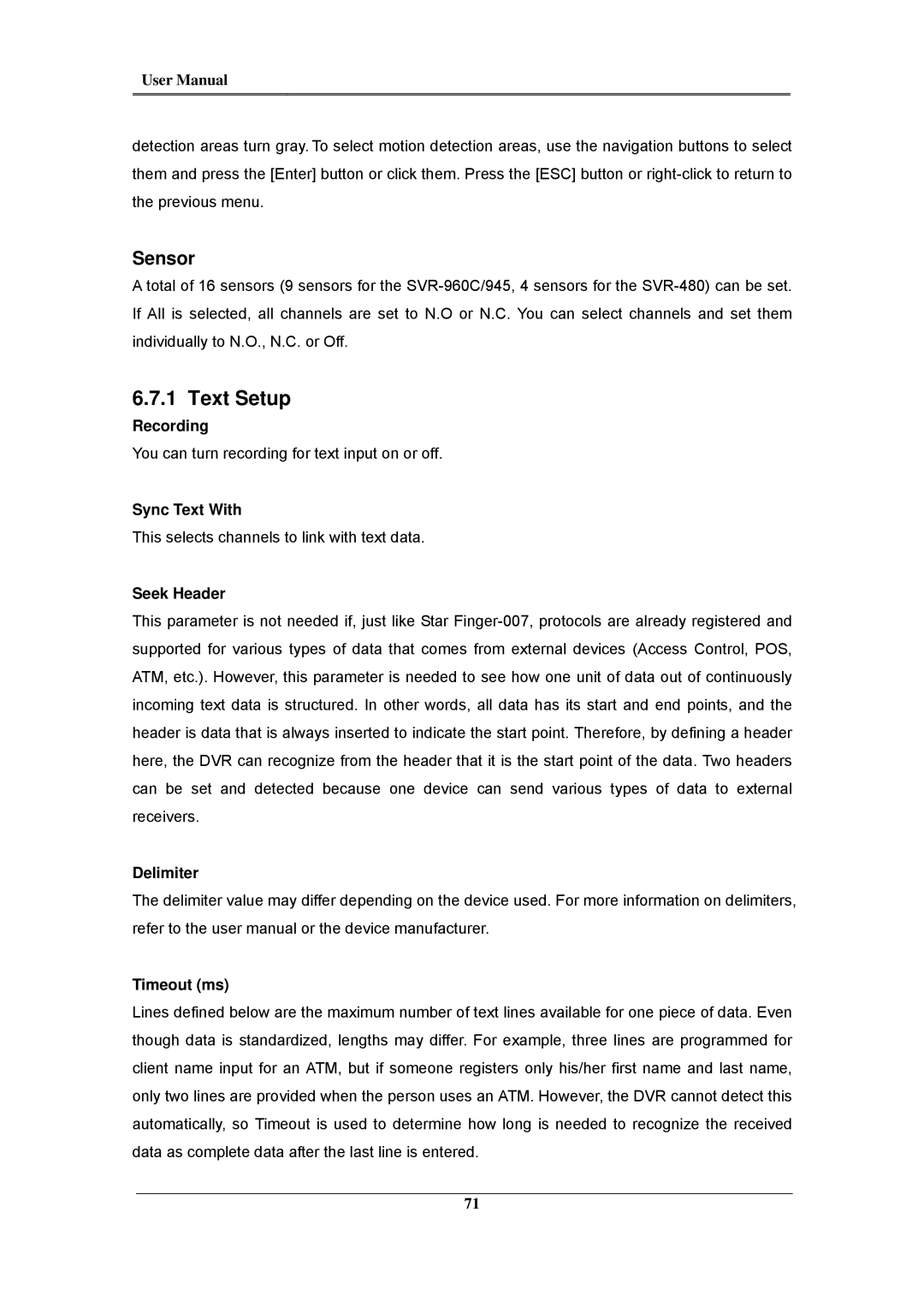 Samsung SVR-480, SVR-960C, SVR-945, SVR-3200, SVR-1680C, SVR-1660C, SVR-1645 user manual Text Setup, Sensor 