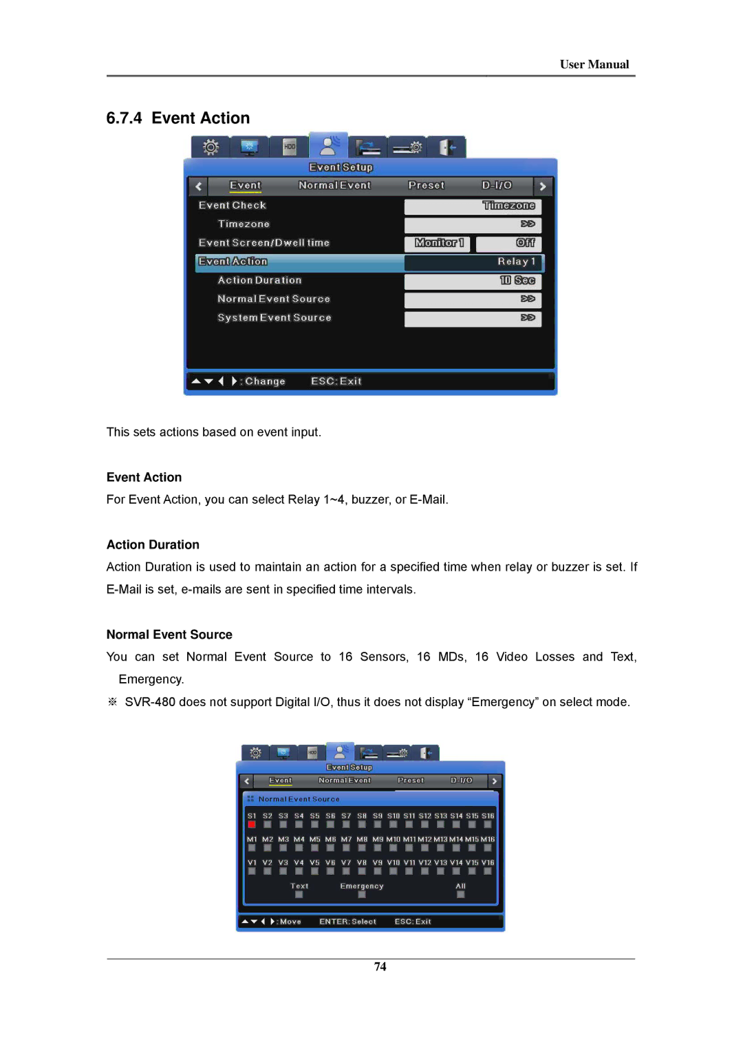 Samsung SVR-1660C, SVR-960C, SVR-945, SVR-480, SVR-3200, SVR-1680C, SVR-1645 Event Action, Action Duration, Normal Event Source 