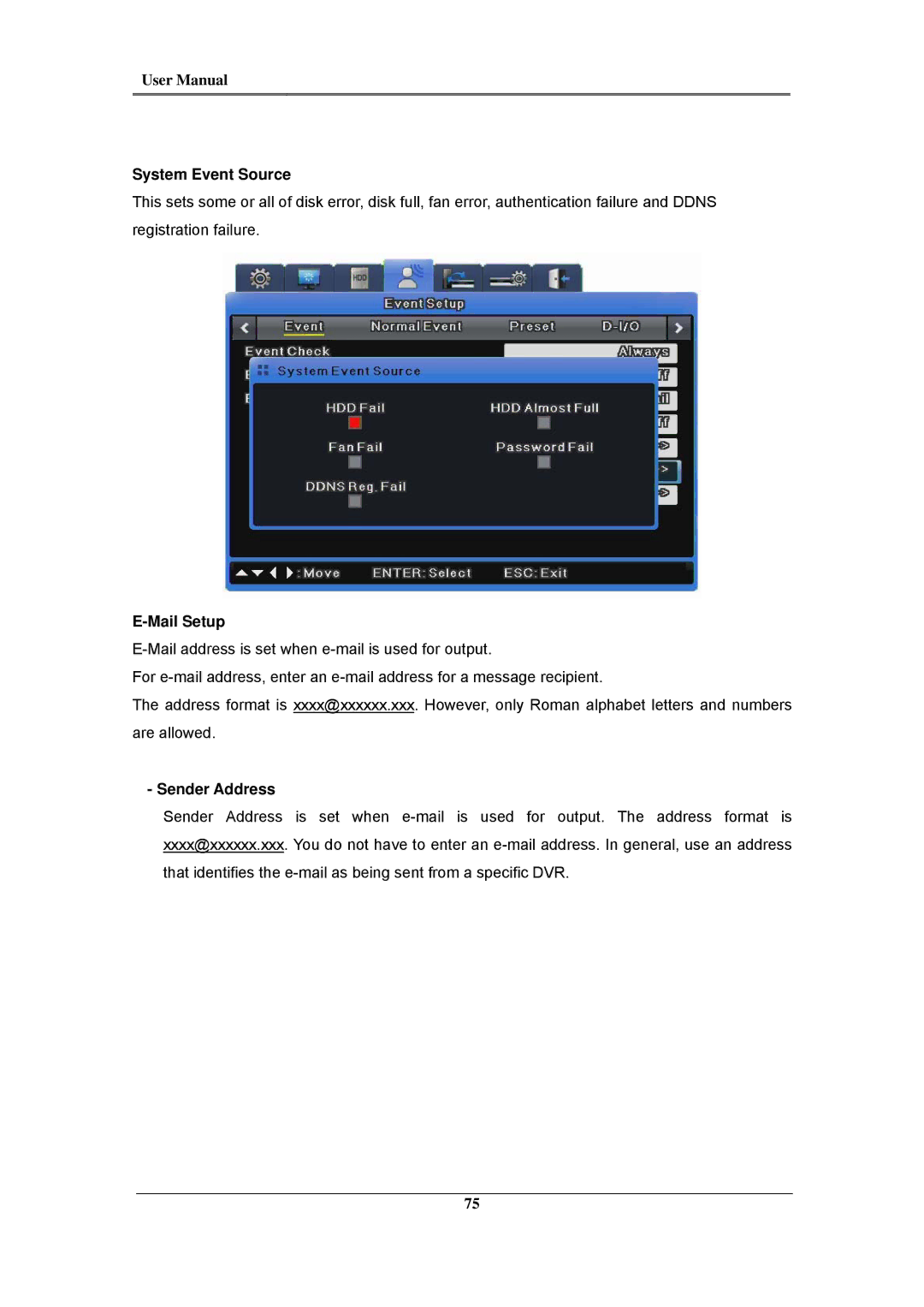 Samsung SVR-1645, SVR-960C, SVR-945, SVR-480, SVR-3200, SVR-1680C, SVR-1660C System Event Source, Mail Setup, Sender Address 