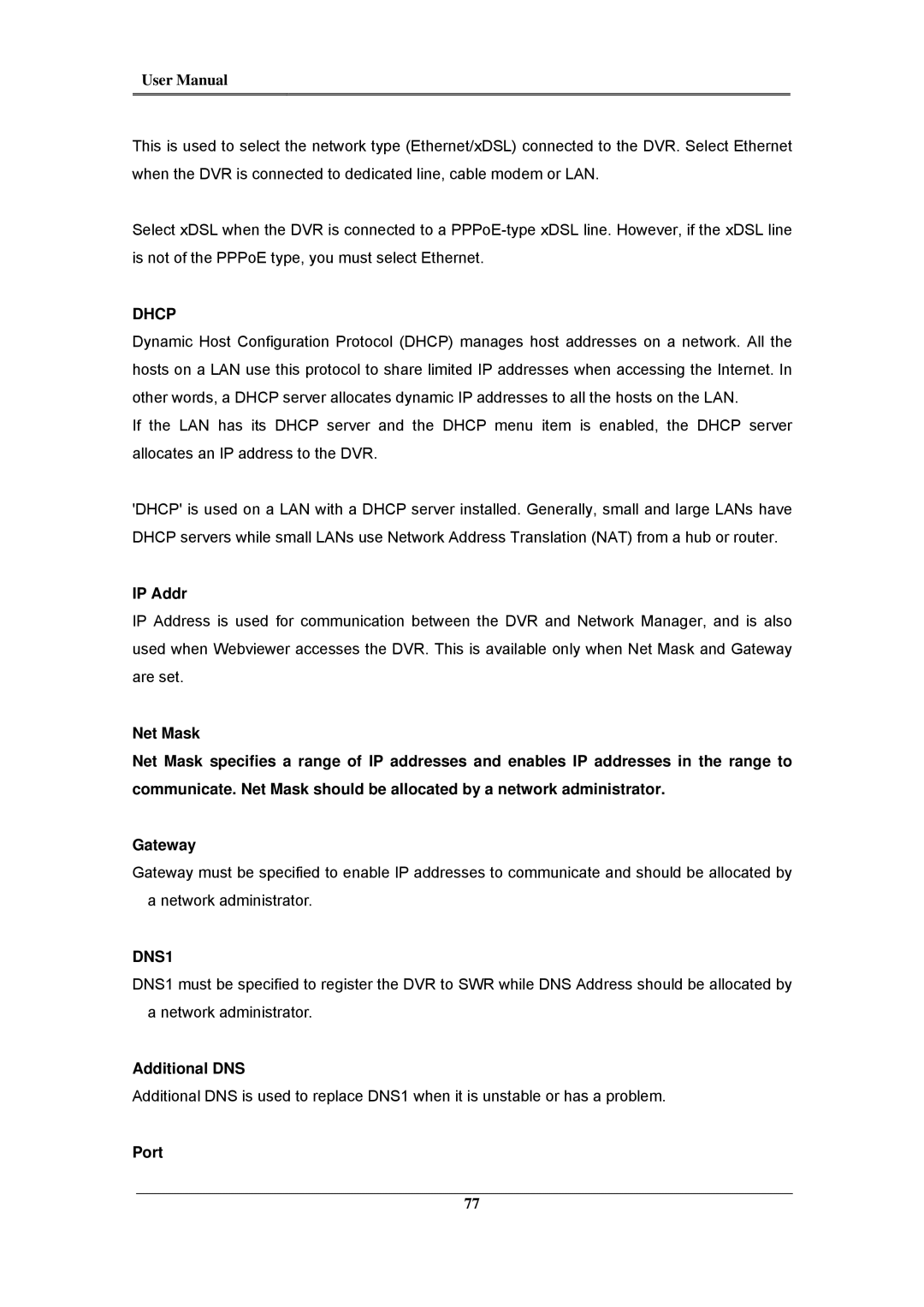 Samsung SVR-945, SVR-960C, SVR-480, SVR-3200, SVR-1680C, SVR-1660C, SVR-1645 user manual IP Addr, Additional DNS, Port 