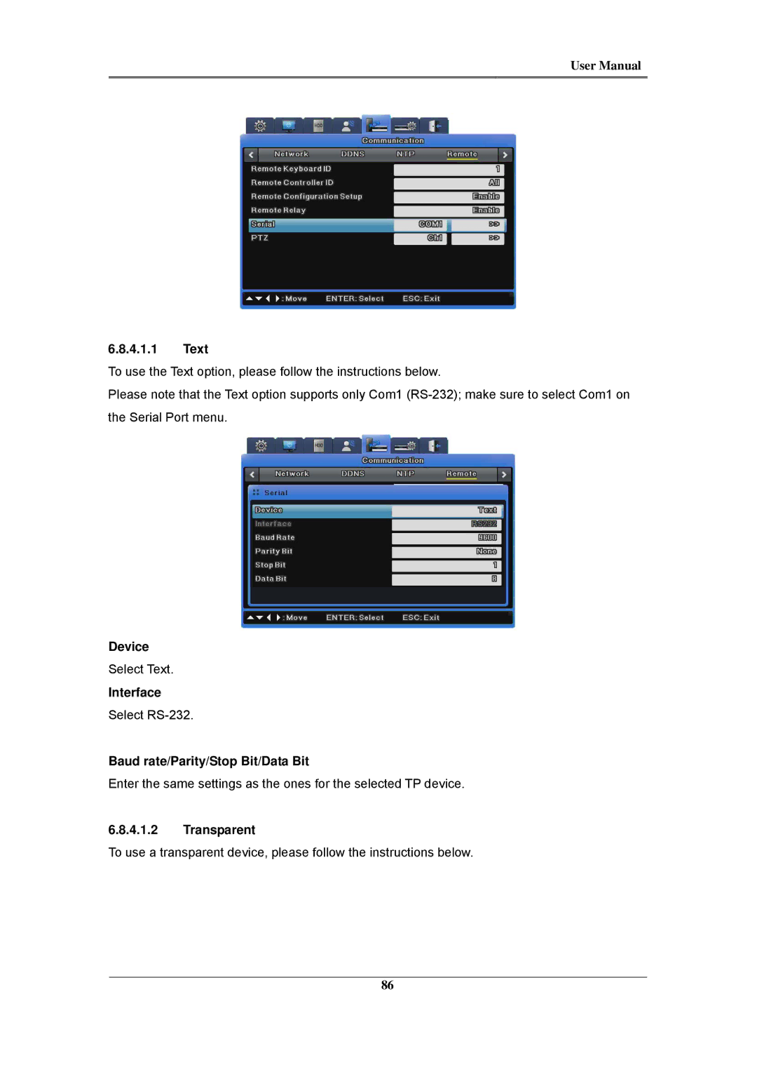 Samsung SVR-3200, SVR-960C, SVR-945, SVR-480 Text, Device, Interface, Baud rate/Parity/Stop Bit/Data Bit, Transparent 