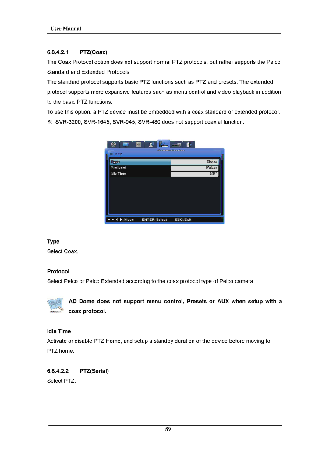 Samsung SVR-1645, SVR-960C, SVR-945, SVR-480, SVR-3200, SVR-1680C, SVR-1660C user manual PTZCoax, Protocol, PTZSerial 