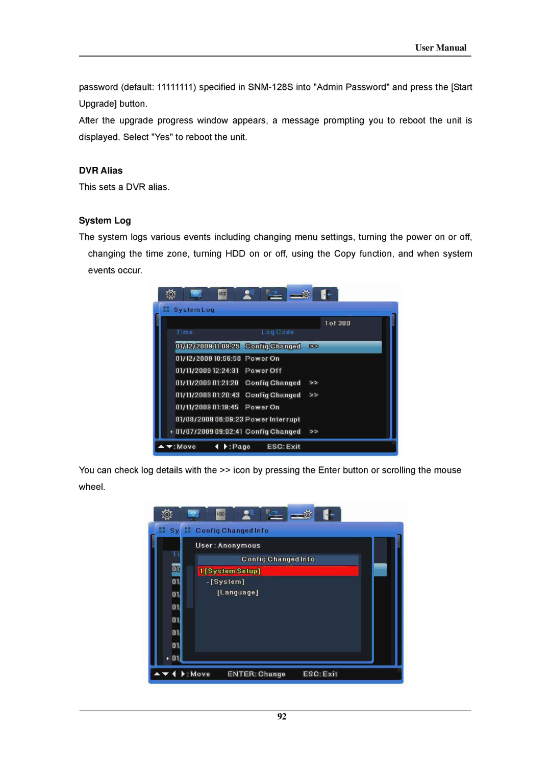 Samsung SVR-480, SVR-960C, SVR-945, SVR-3200, SVR-1680C, SVR-1660C, SVR-1645 user manual DVR Alias, System Log 