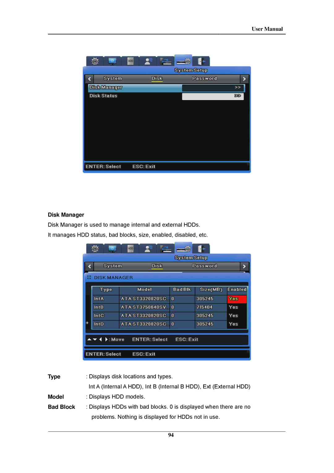 Samsung SVR-1680C, SVR-960C, SVR-945, SVR-480, SVR-3200, SVR-1660C, SVR-1645 user manual Disk Manager, Model, Bad Block 