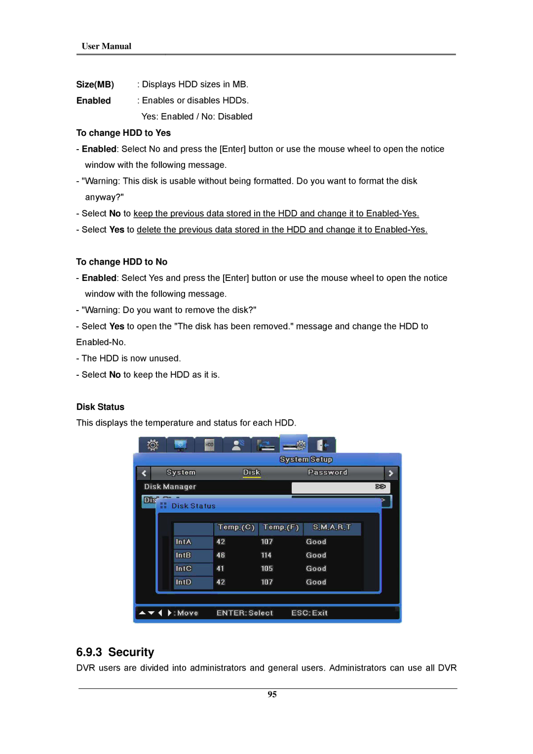 Samsung SVR-1660C, SVR-960C, SVR-945, SVR-480, SVR-3200 Security, To change HDD to Yes, To change HDD to No, Disk Status 