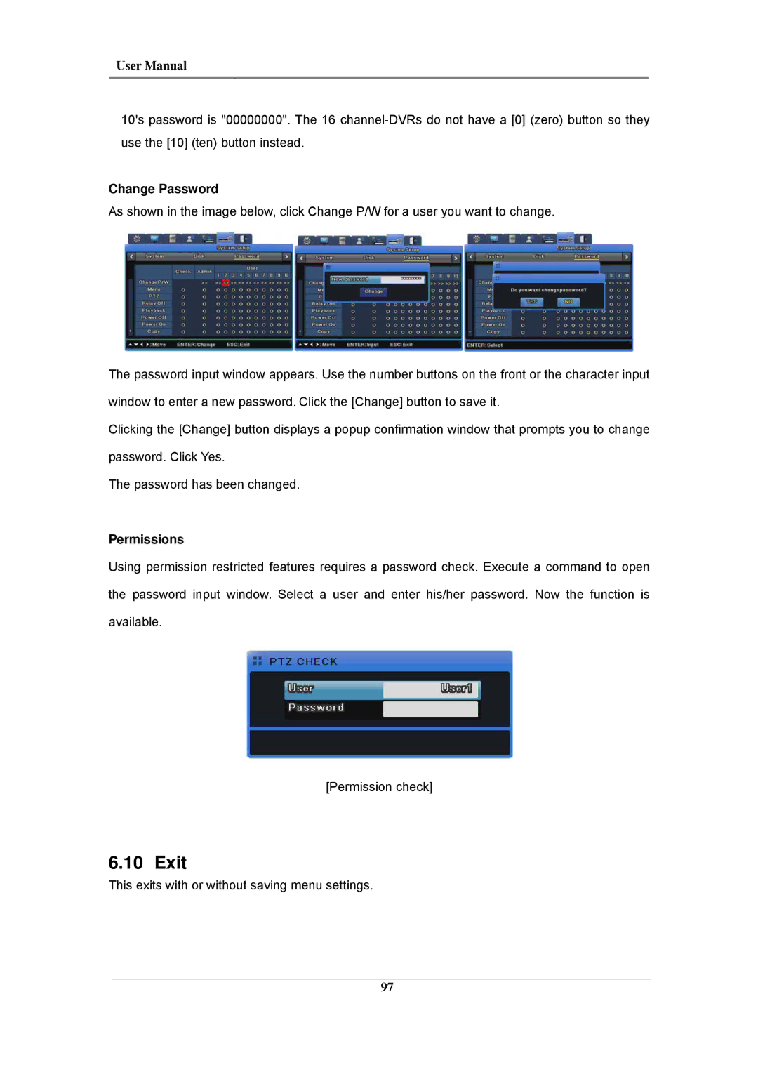 Samsung SVR-960C, SVR-945, SVR-480, SVR-3200, SVR-1680C, SVR-1660C, SVR-1645 user manual Exit, Change Password, Permissions 