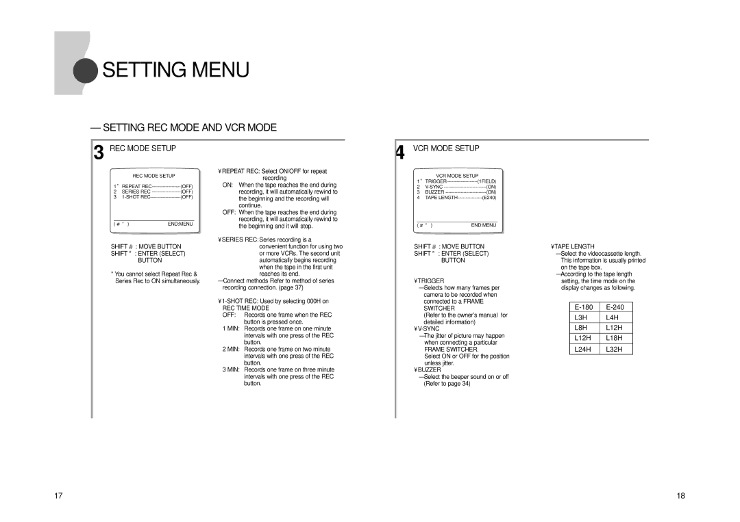 Samsung SVR24JP, SVR960JP manual Setting REC Mode and VCR Mode 