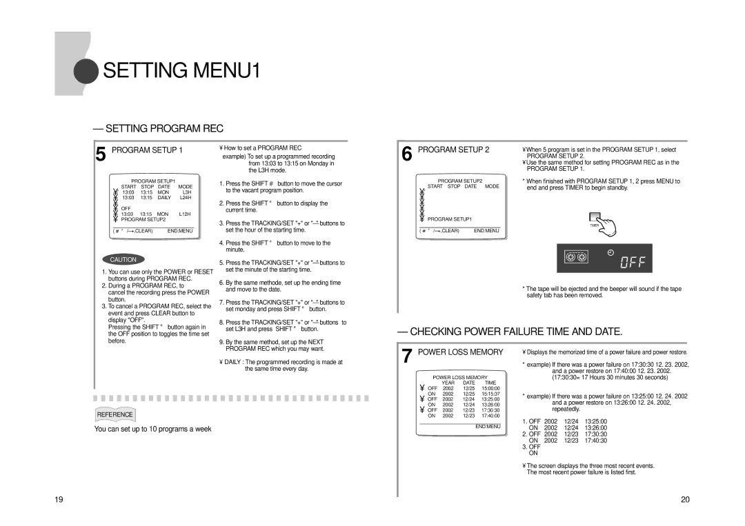 Samsung SVR960JP manual Setting MENU1, Setting Program REC, Checking Power Failure Time and Date, How to set a Program REC 