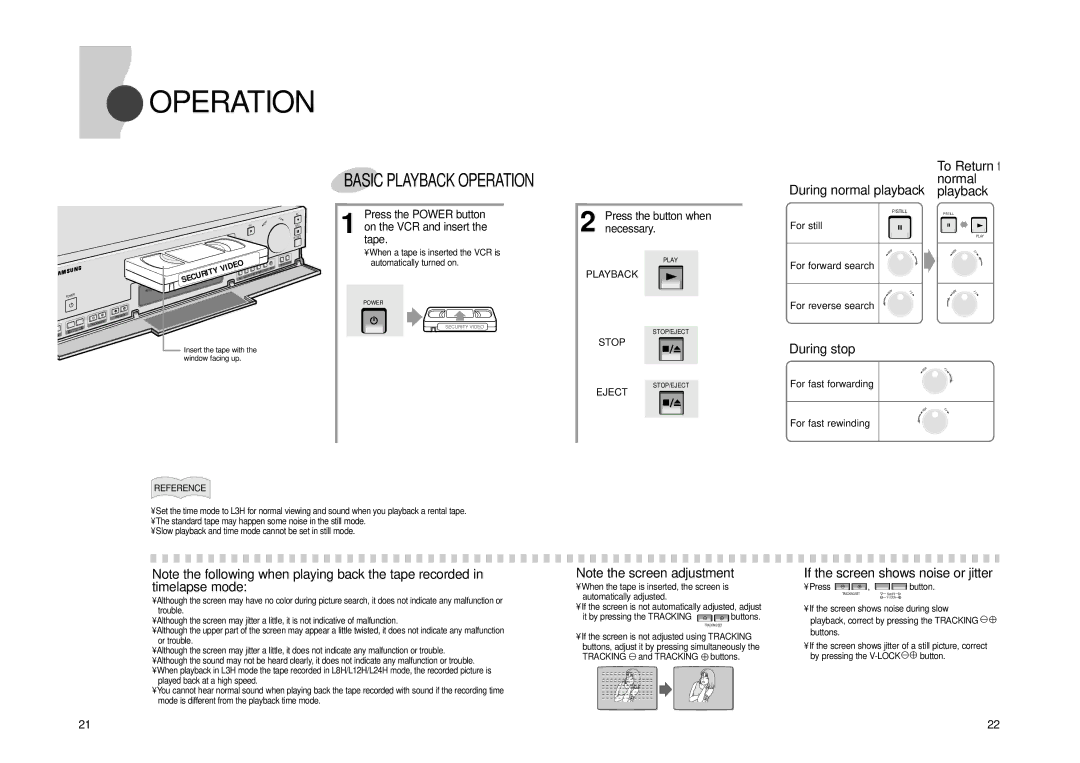 Samsung SVR24JP manual Operation, Press the Power button on the VCR and insert the tape, Press the button when necessary 