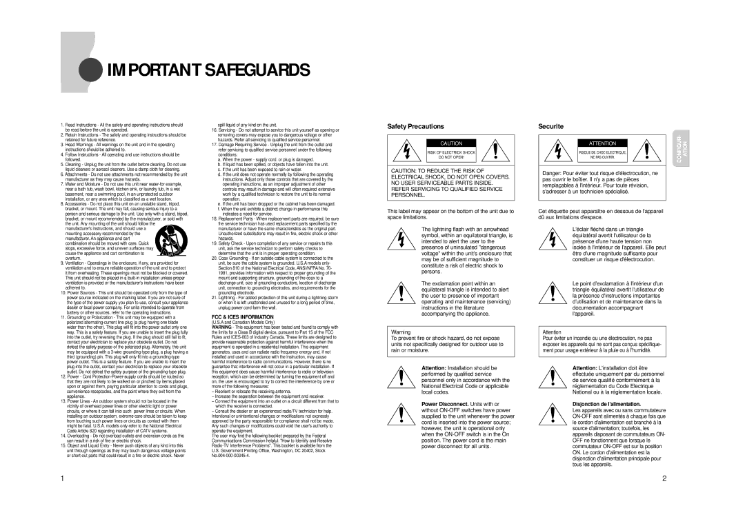 Samsung SVR24JP, SVR960JP manual Important Safeguards, Safety Precautions, Securite 