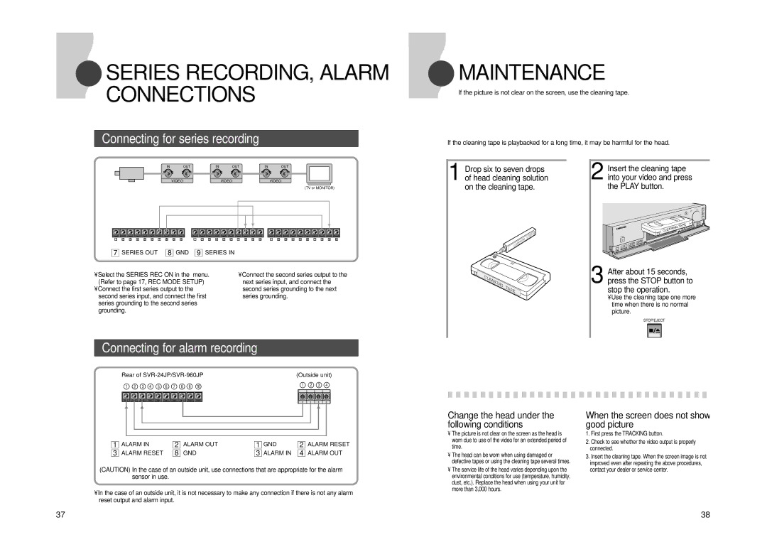 Samsung SVR24JP, SVR960JP Series RECORDING, Alarm Connections, Maintenance, Change the head under the following conditions 