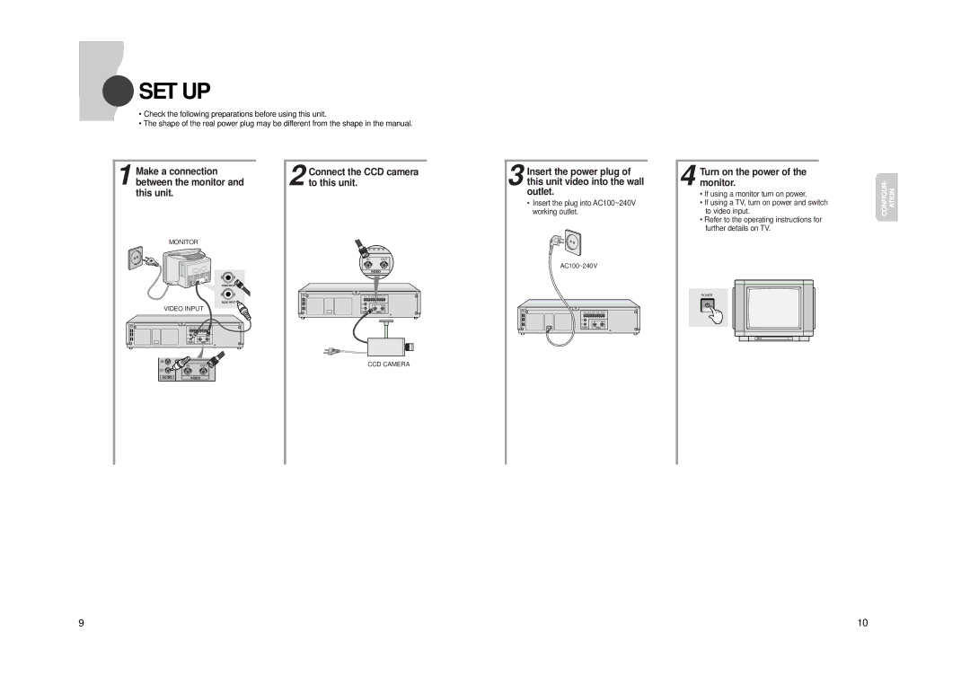 Samsung SVR24JP Set Up, If using a monitor turn on power, Insert the plug into AC100~240V, Working outlet To video input 