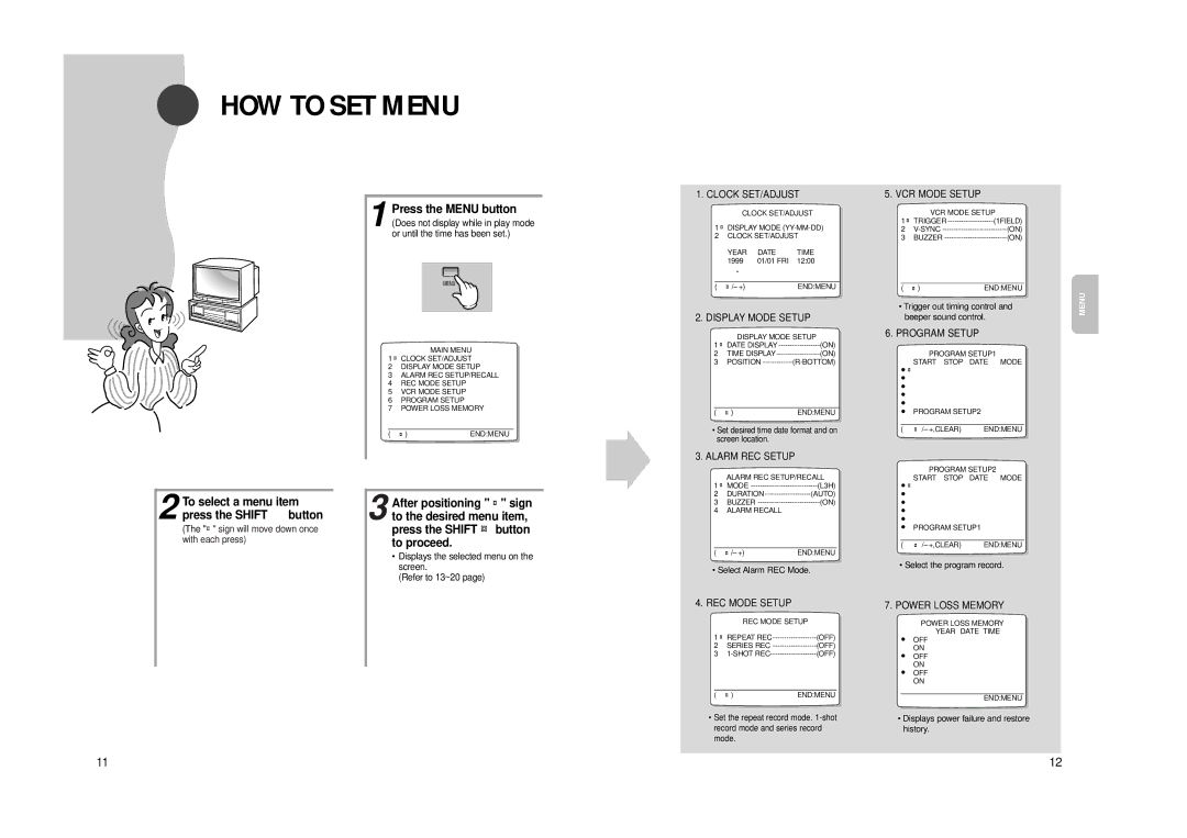 Samsung SVR960JP, SVR24JP manual HOW to SET Menu, To select a menu item Press the Shift button 