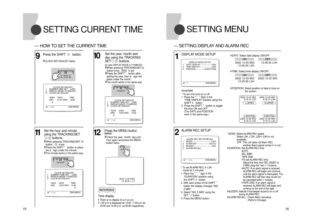 Samsung SVR960JP, SVR24JP manual Setting Menu, HOW to SET the Current Time, Setting Display and Alarm REC 