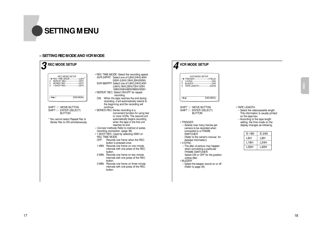 Samsung SVR960PRT manual Setting REC Mode and VCR Mode 