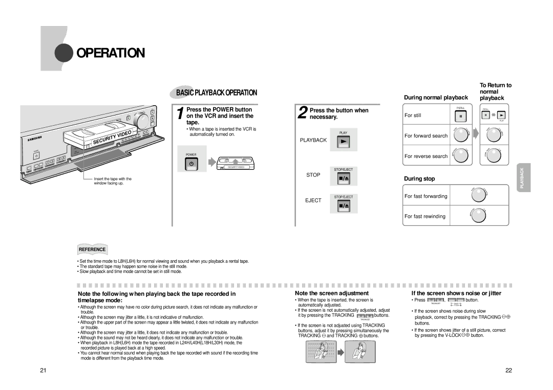 Samsung SVR960PRT manual Operation, Press the Power button on the VCR and insert the tape, Press the button when necessary 