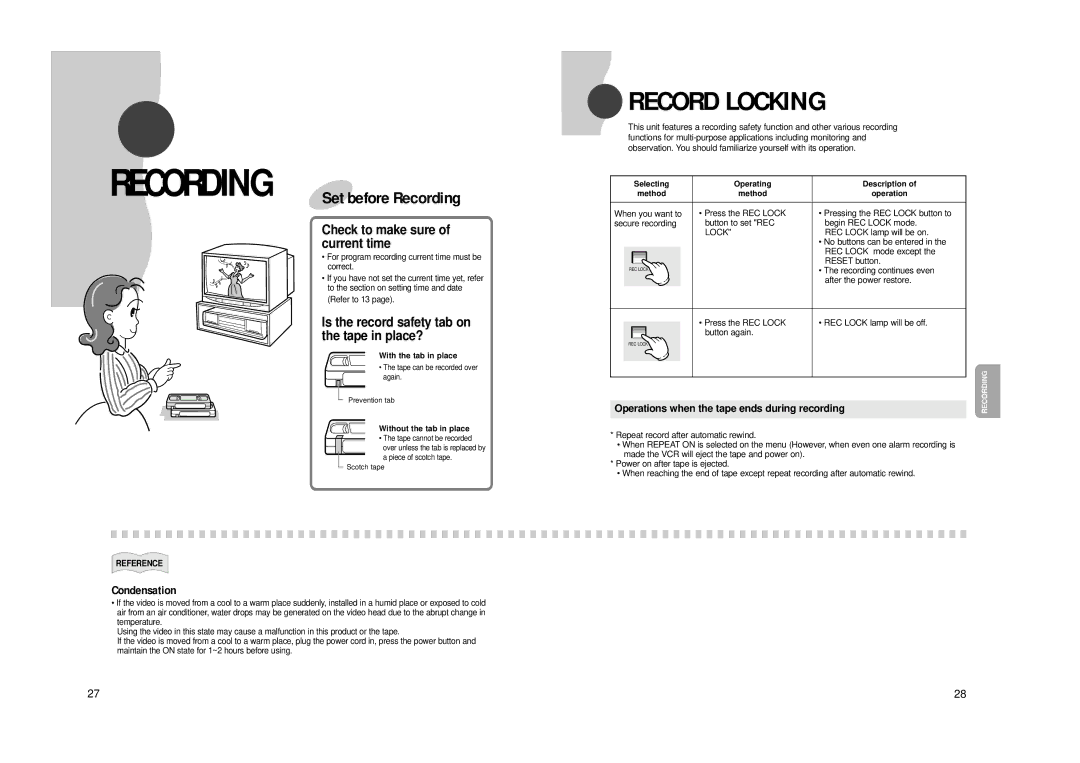 Samsung SVR960PRT manual Record Locking, Operations when the tape ends during recording 