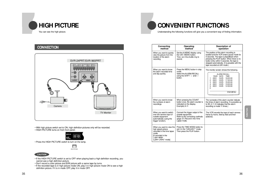 Samsung SVR960PRT manual High Picture, Convenient Functions, You can see the high picture 