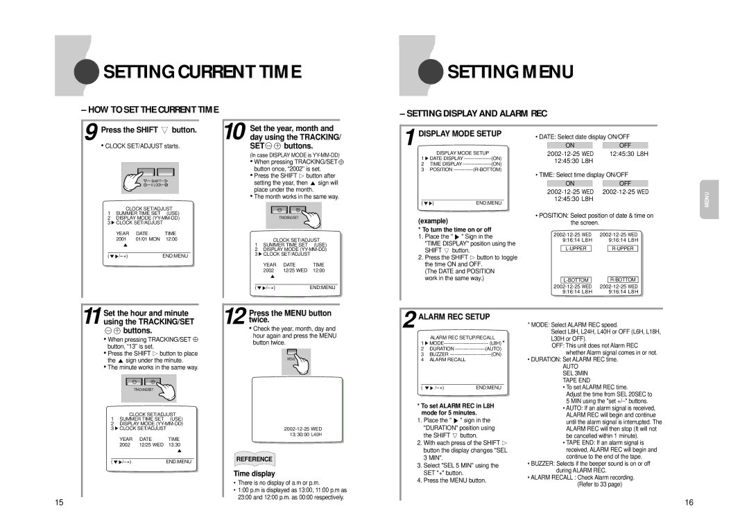 Samsung SVR960PRT manual Setting Current Time Setting Menu, Setting Display and Alarm REC, Press the Menu button twice 