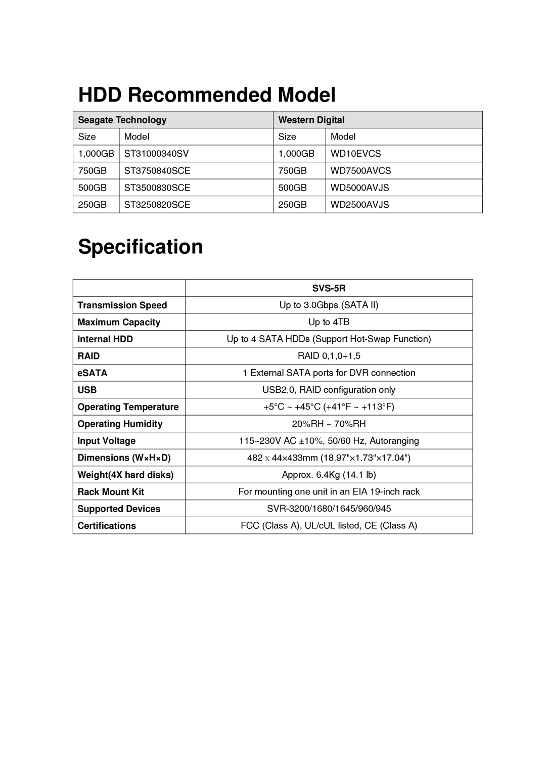 Samsung SVS-5R manual HDD Recommended Model, Specification 