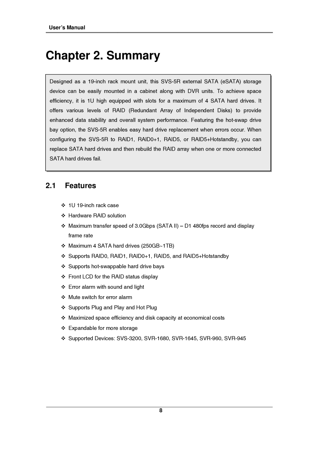 Samsung SVS-5R manual Summary, Features 