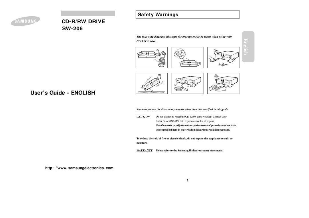 Samsung SW-206 warranty CD-R/RW Drive, Safety Warnings 