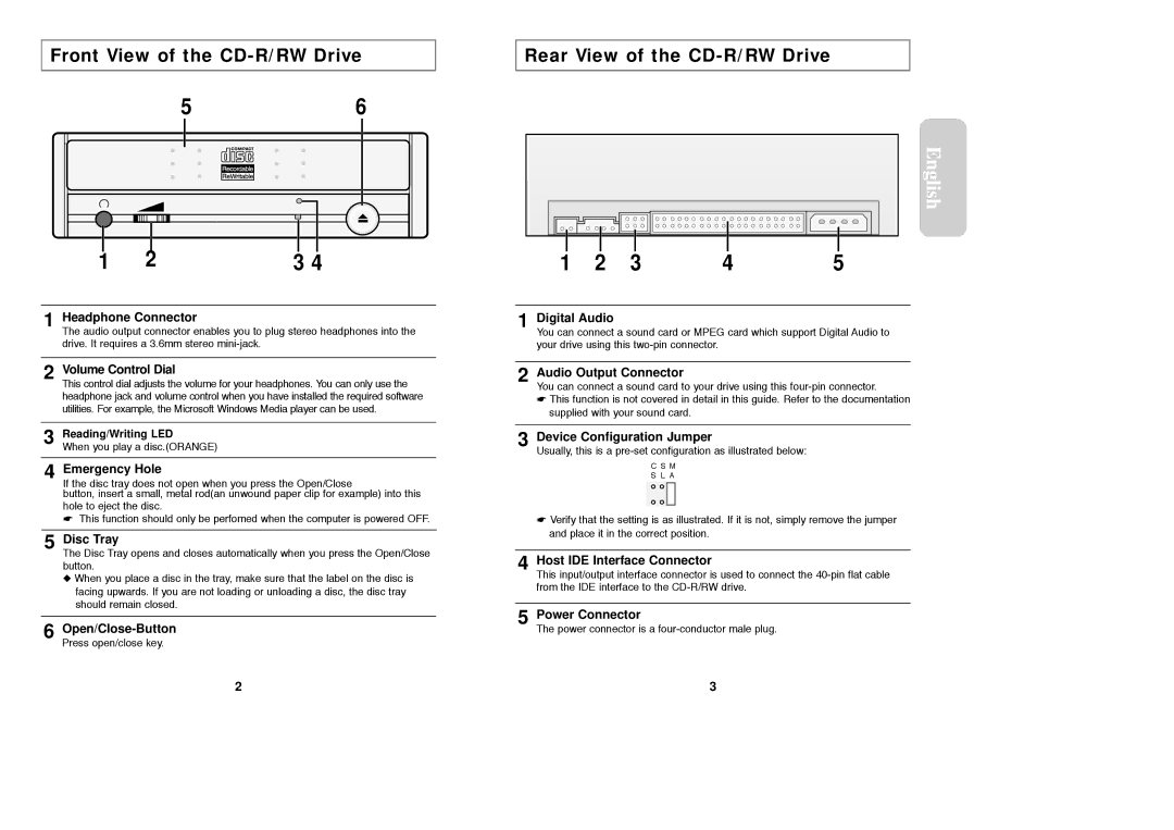 Samsung SW-206 warranty Front View of the CD-R/RW Drive, Rear View of the CD-R/RW Drive 