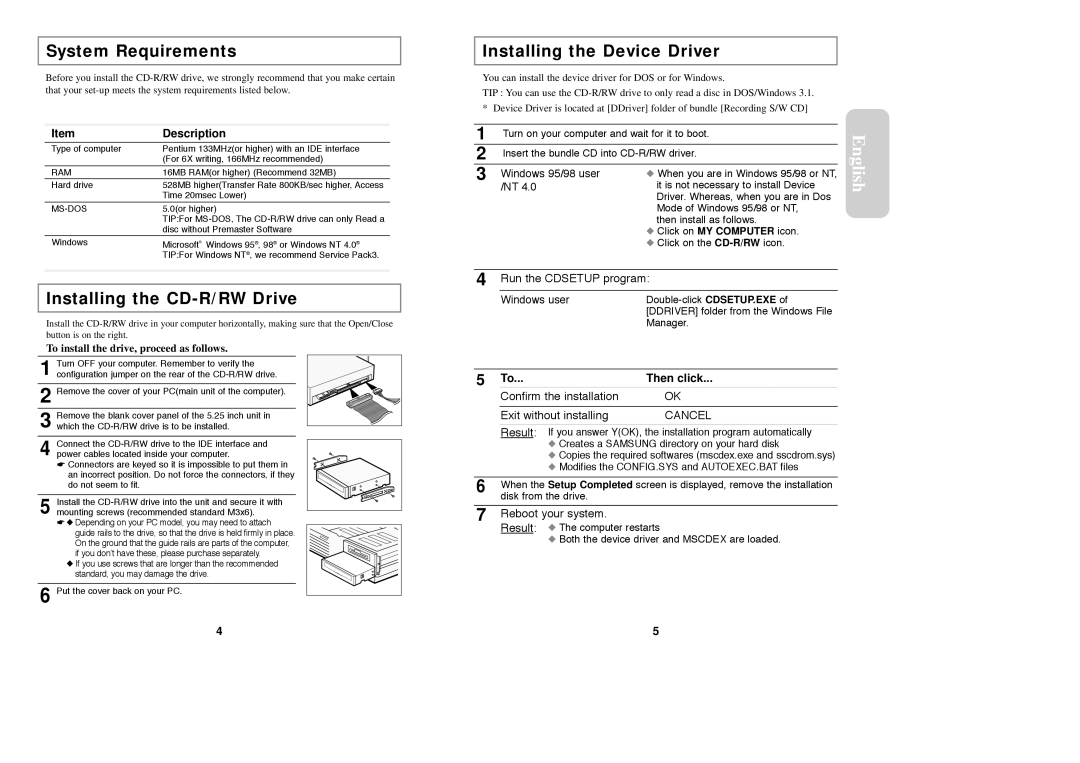 Samsung SW-206 System Requirements, Installing the CD-R/RW Drive, Installing the Device Driver, Description, Then click 