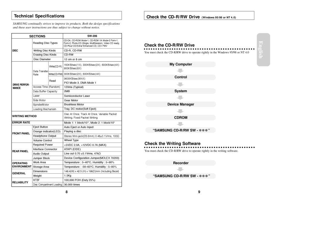 Samsung SW-206 warranty Technical Specifications, My Computer Control System Device Manager, Samsung CD-R/RW SW 