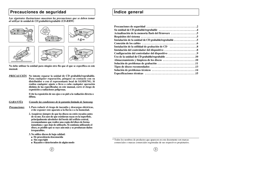 Samsung SW-208 manual Precauciones de seguridad, Índice general 