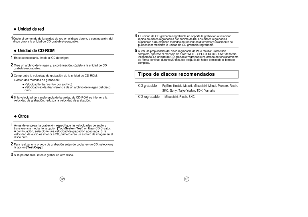 Samsung SW-208 manual Tipos de discos recomendados, Otros 