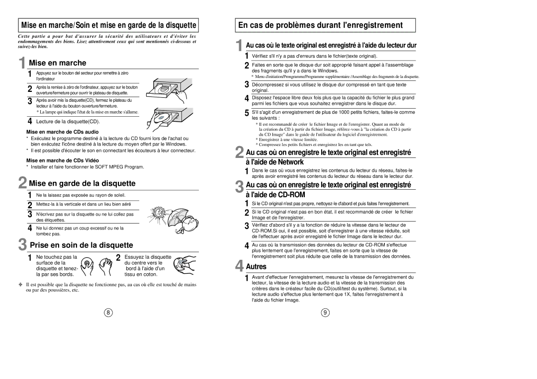 Samsung SW-208 manual En cas de problèmes durant lenregistrement, Lecture de la disquetteCD, Mise en marche de CDs audio 