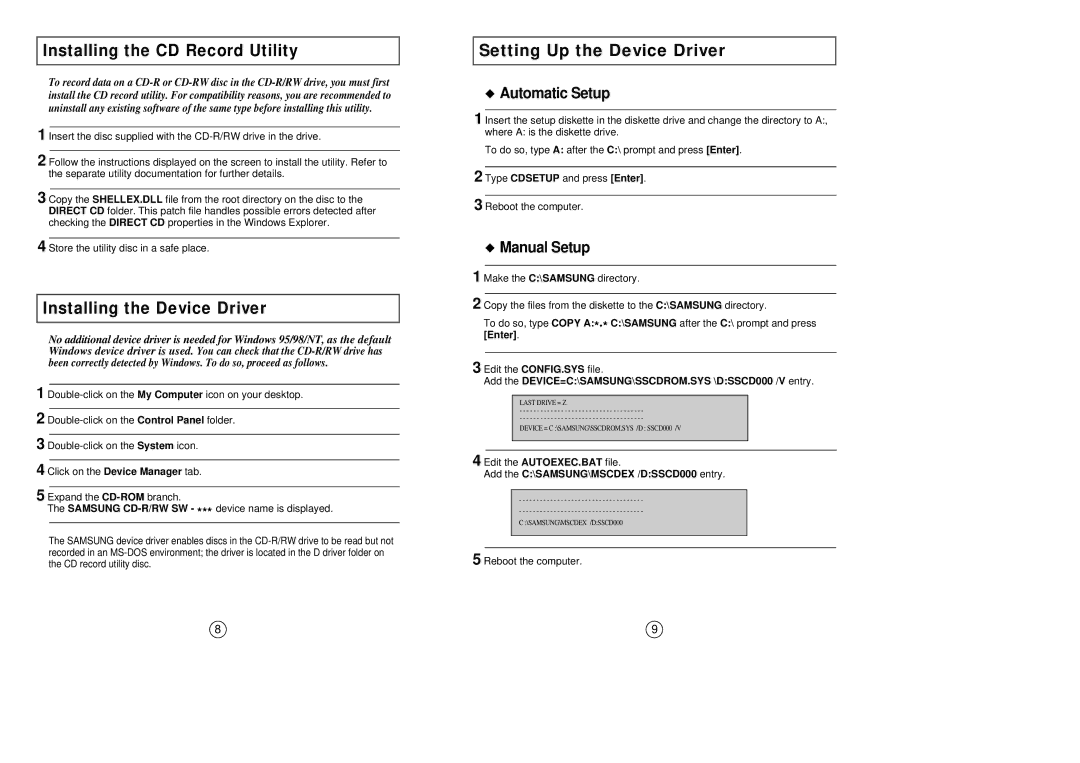 Samsung SW-208 Setting Up the Device Driver, Installing the CD Record Utility, Installing the Device Driver, Manual Setup 