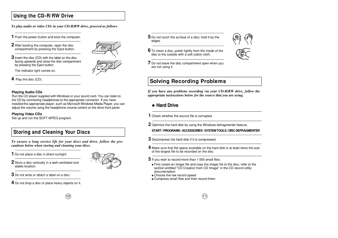 Samsung SW-208 manual Playing Audio CDs, Playing Video CDs, Set up and run the Soft Mpeg program 