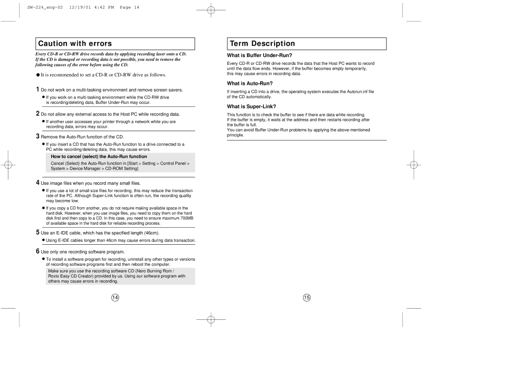 Samsung SW-224 manual Term Description, What is Buffer Under-Run?, What is Auto-Run?, What is Super-Link? 