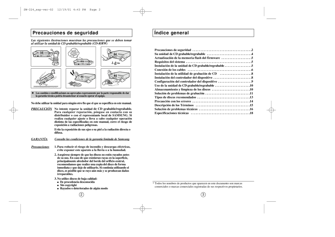 Samsung SW-224 manual Precauciones de seguridad, Índice general 