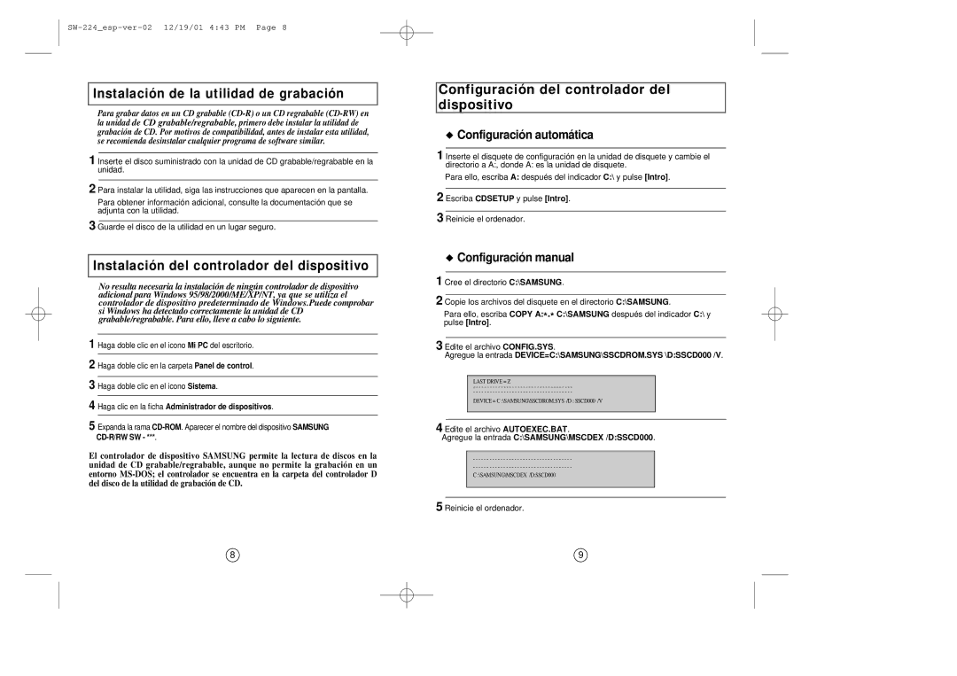 Samsung SW-224 manual Configuración del controlador del dispositivo, Edite el archivo AUTOEXEC.BAT 