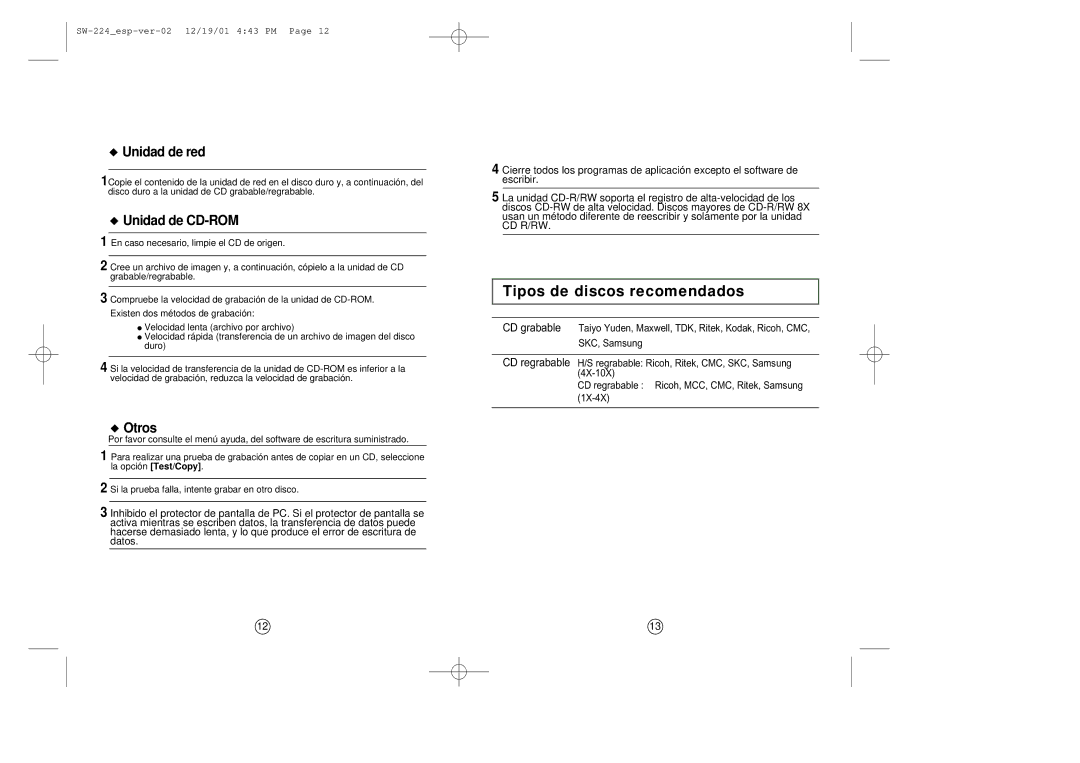 Samsung SW-224 manual Tipos de discos recomendados 