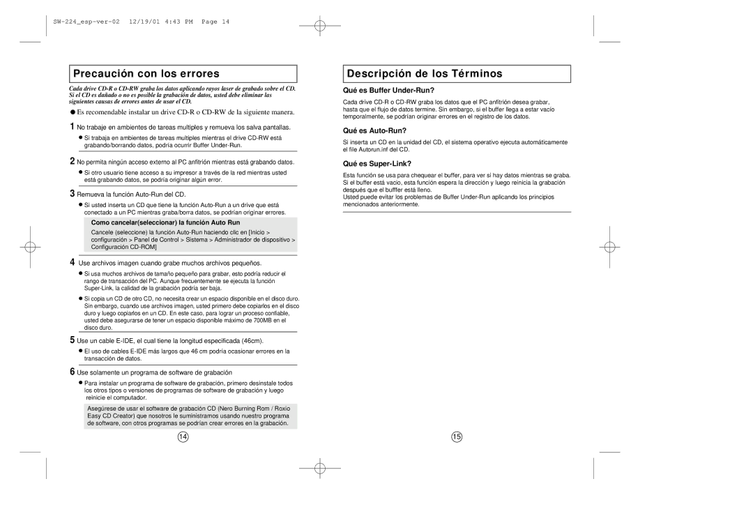 Samsung SW-224 manual Precaución con los errores, Descripción de los Términos, Qué es Buffer Under-Run?, Qué es Auto-Run? 