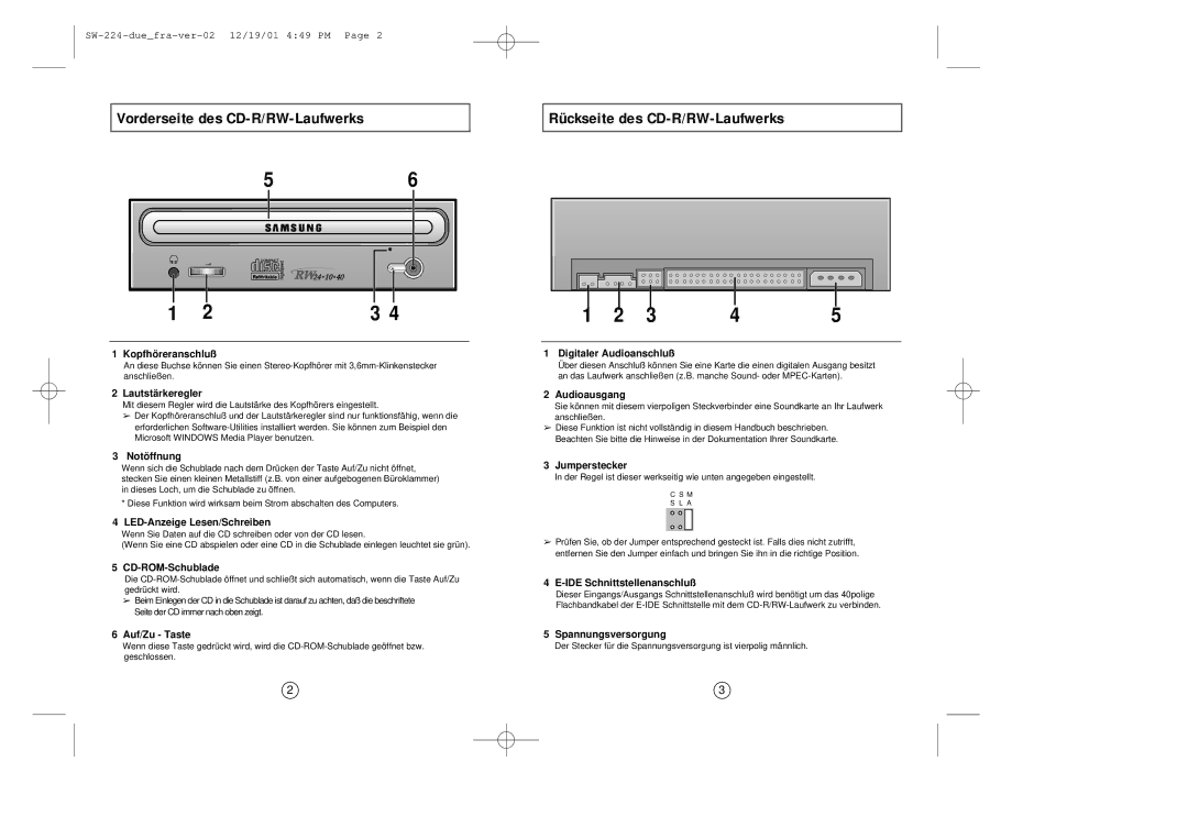 Samsung SW-224 Lautstärkeregler, Notöffnung, LED-Anzeige Lesen/Schreiben, CD-ROM-Schublade, Auf/Zu Taste, Audioausgang 