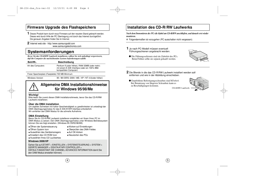 Samsung SW-224 manual Betrifft Beschreibung, Wichtig, Über die DMA Installation, DMA Einstellung 