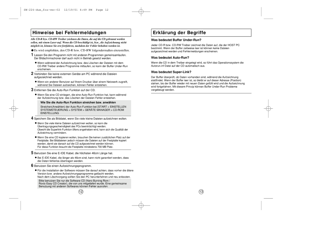 Samsung SW-224 manual Hinweise bei Fehlermeldungen, Erklärung der Begriffe, Was bedeutet Buffer Under-Run? 