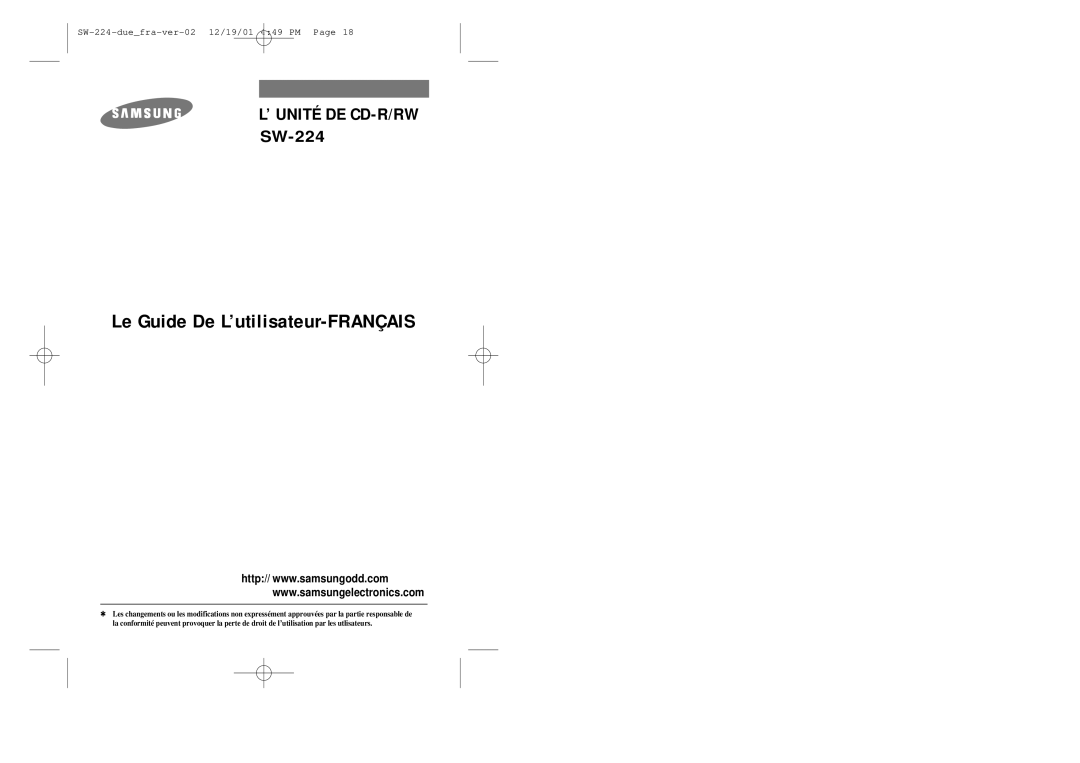 Samsung SW-224 manual Le Guide De L’utilisateur-FRANÇAIS 