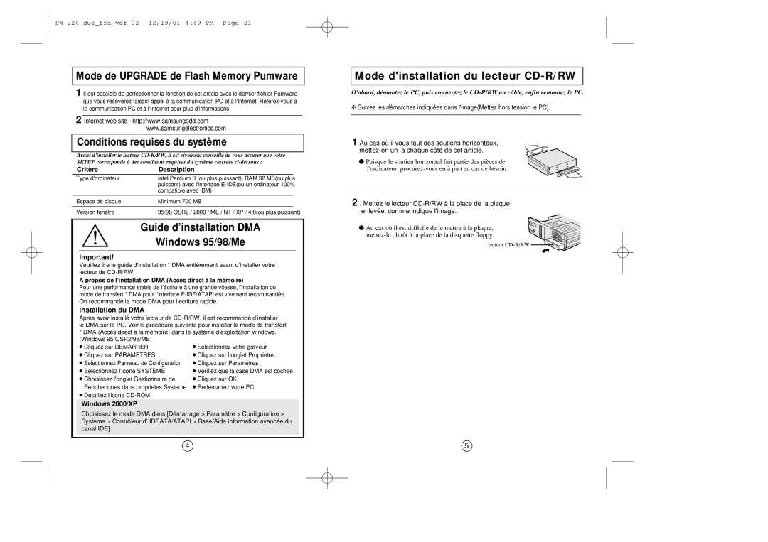 Samsung SW-224 manual Mode dinstallation du lecteur CD-R/RW, Mode de Upgrade de Flash Memory Pumware, CritèreDescription 